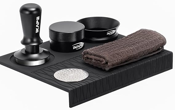 IKAPE 51MM Coffee Tamper Set Black 6 IN 1, Espresso Tool Kit for Making Perfect Shots Tamper, Distributor, Funnel, Mat, Screen, and Towel