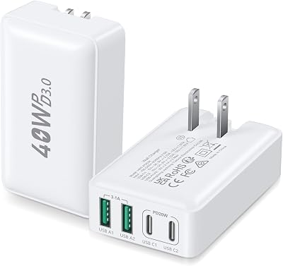 USB C Charger Block, Excgood 40W 4-Port Flat USB Wall Charger Adapter Multiport Dual PDQC Foldable Slim Fast Charging Plug Compatible for iPhone 16 15 Pro Max 14 13 iPad Watch Galaxy S23,2Pack White