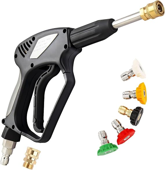 Short Pressure Washer Gun with Swivel,5000 PSI Max, 3/8" Plug & 1/4" Quick Connect Outlet, Power Washer Gun Compatible with Foam Cannon for Car Wash, 5 Spray Nozzle Tips, M22 14mm Fitting