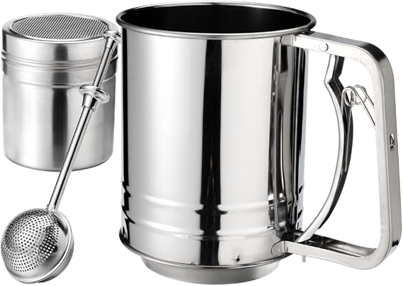 3 in 1 Stainless Steel Sifter 3 Cup Flour Sifter for baking with Powdered Sugar Duster Set, flour sprinkler Duster for Baking Pastries Pies Cupcakes and Desserts