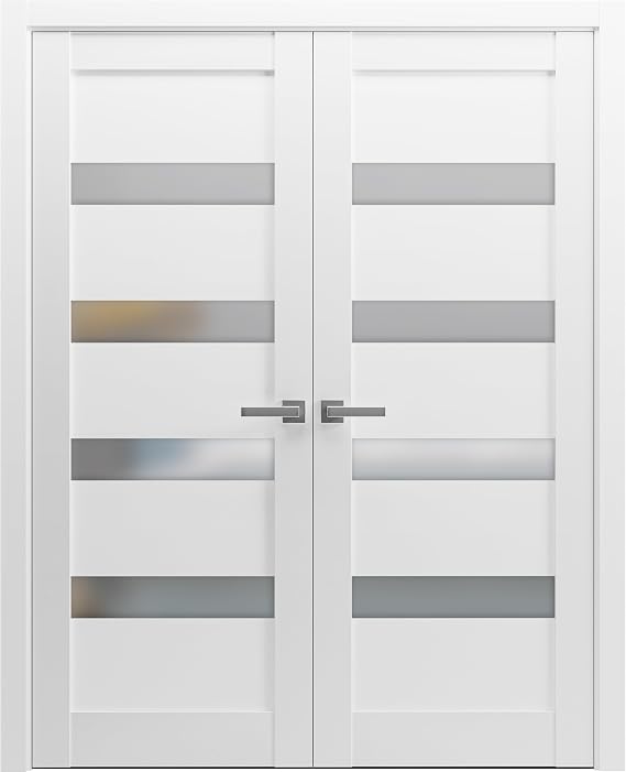Quadro 4113 | Double Swing Interior French Doors with Glass with Frosted Glass, MDF, Hardware Included, 36x80, White, Modern