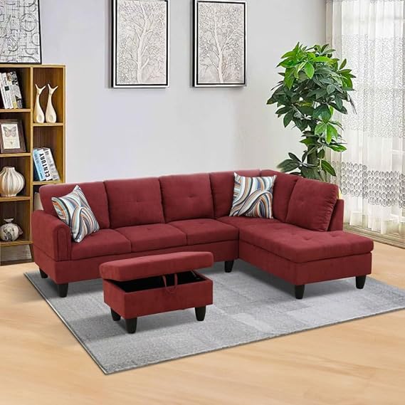 Corduroy 3-Piece Living Room Sofa Set with Storage Ottoman L-Shaped Couch with Left Chaise, Modern Sectional Sofa in Flannel Fabric,Suitable for Living Rooms (Red)