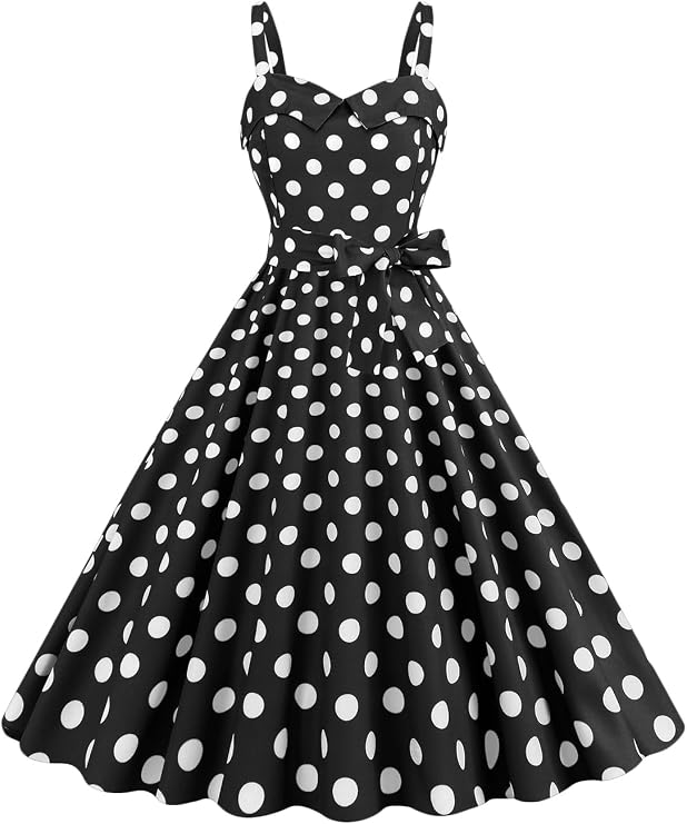 Women 1950s Vintage Sleeveless Hepburn Dresses Polka Dots Strap Midi Dress Swing Cocktail A-Line Dress