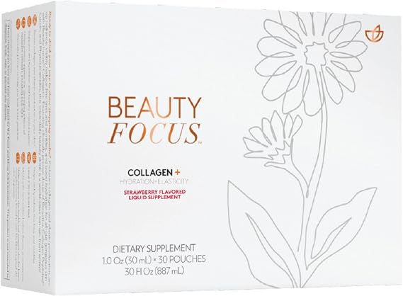 Nu Skin Beauty Focus Collagen + | 30 Pouches | Strawberry Flavored | Liquid supplement with bioactive peptides, lutein & wheat lipids | Supports skin hydration, elasticity & smooth appearance
