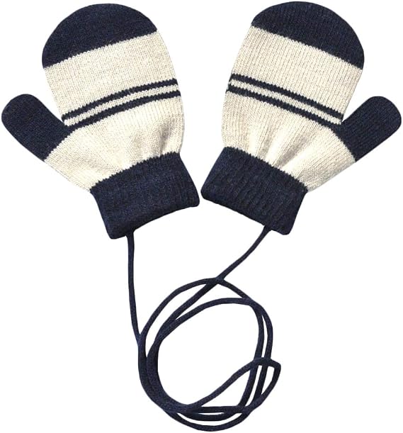 Toddler Baby Stripes Winter Knit Mitten Gloves with String, 1-4 Years