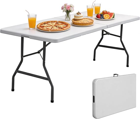 ZENY 8ft Portable Folding Table Plastic Indoor Outdoor Picnic Party Camp Dining Table with Handle, White