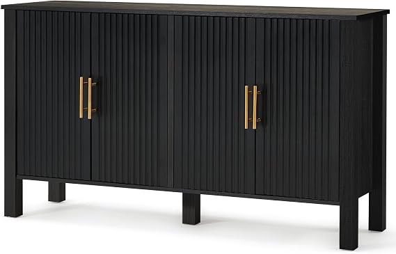 ECOTOUGE Black Mid-Century 4-Door Fluted Buffet Cabinet with Storage