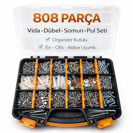 808 Parça Vida, Dübel, Somun ve Pul Seti Organizer Kutu | Çeşitli Boyutlarda, Matkap Uçlu Vida, Plastik Dübel Dahil, PH2x50 Bits Uç, Ev ve Atölye Kullanımı