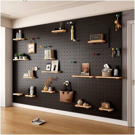 LXHELIVERY Wall Organizer Peg Board, 16 Mm Thick Wooden Pegboard, Modular Hanging,Wall Mount Display Peg Board Panel Tools Pegboard Storage System for Workbench(Black,60x80 cm)
