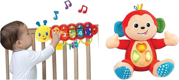 KiddoLab Play & Learn Bundle: Lira's Light-Up Caterpillar Crib Toy & Melodic Monkey Plush - Engaging Musical Pals for Your Little One.