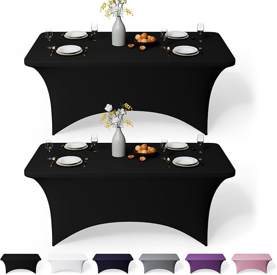 GFCC 6FT Spandex Table Covers 2 Pack, Black Fitted Table Cloth