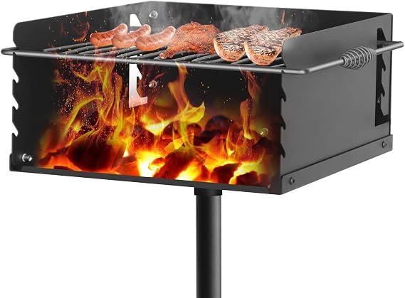 Park Style Charcoal Grill Heavy Duty, Outdoor BBQ Grill for Camping, Backyard, Patio, Commercial Charcoal Grill with Rotating Grill, Portable for Park Grilling 16'' L x 16'' W x 8'' H