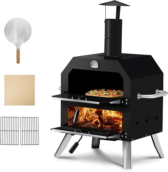 Outdoor Pizza Oven Wood Fired 2-Layer Pizza Ovens Outside Pizza Maker with Stone, Removable Cooking Rack for Camping Backyard BBQ (44 * 35 * 82CM)