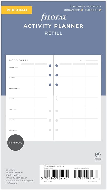 Filofax Personal Activity Planner Refill, White, A5, 56 Pages