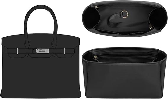 Purse Organizer Insert for Hermes Birkin 25 Handbag, Black | Soft Satin Birkin 25 Insert, 6 Compartments Storage, Key Leash, Ykk Zipper Pocket, Protect Bag, Keep Shape, Ideal for Travel