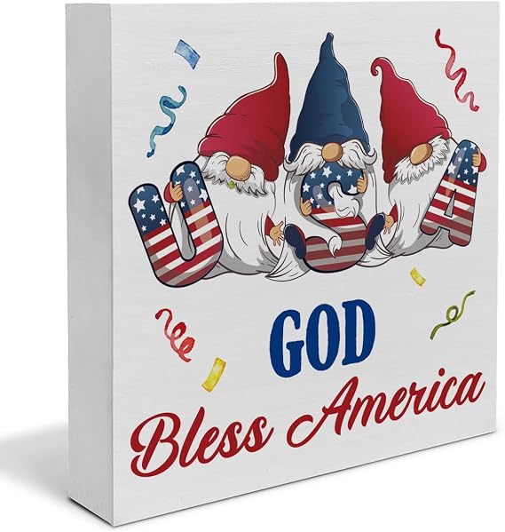 Patriotic Decor, Independence Day Decorations 4th of July Gnomes Wooden Sign Memorial Day Home Decor Indoor for Desk Table Shelf 5 X 5 Inches