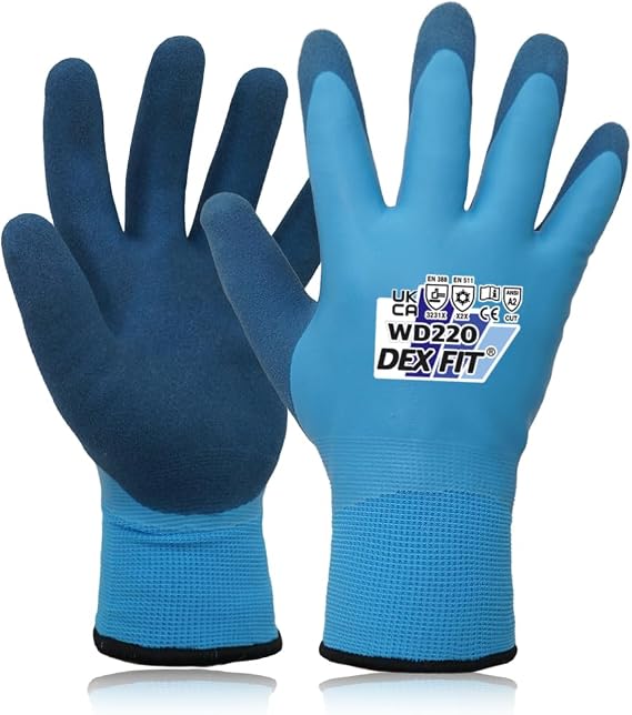 DEX FIT Waterproof Work Gloves WD220 Double, Thermal and Insulated with Warm Fleece, Comfortable and Flexible Fit, Non-slip Sandy Latex Grip, Machine Washable; Blue M (8) 1 Pair