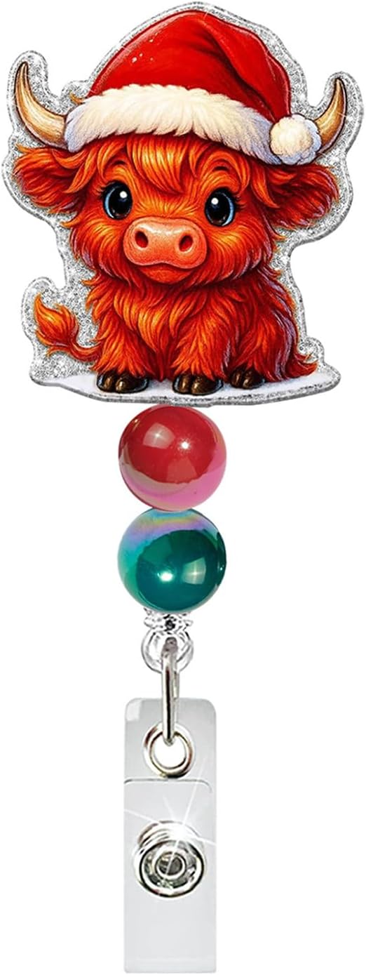 Christmas Badge Reels Retractable Acrylic Badge Holder with Swivel Clip, Christmas Highland Cow Decorative Badge Clip Cute Badge Reel for Nurse Teacher Student Medical Worker Coworkers Xmas Gifts