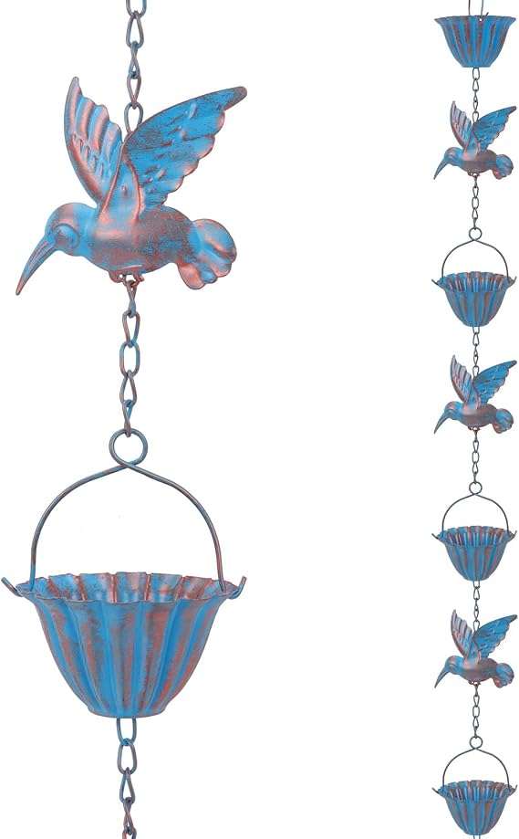 2.4m Hummingbird Rain Chains for Gutters, Decorative Rain Chimes Movable Hanging Outdoor Rustproof Rain Catchers with 7 Cups 7 Birds Umbrella Shape Downspouts Hanging Garden Ornament for Divert Water