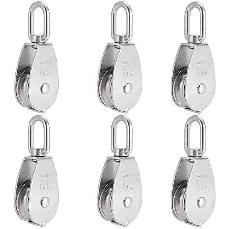 PINGEUI 6 Pack M50 Single Pulley Block, 304 Stainless Steel Lifting Wire Crane Pulley Roller, Heavy Duty Silver Swivel Hook Single Pulley Block for 0.5 in Wire Rope, Loading 880 Lbs