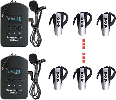 EXMAX 2.4GHz Wireless Audio Tour Guide System with Headset Mic Ear-Hook Bluetooth Receiver for Church,Teaching,Translation,Conference,Seminars,Hajj,Auditorium,Travel2 Transmitters 200 Receivers