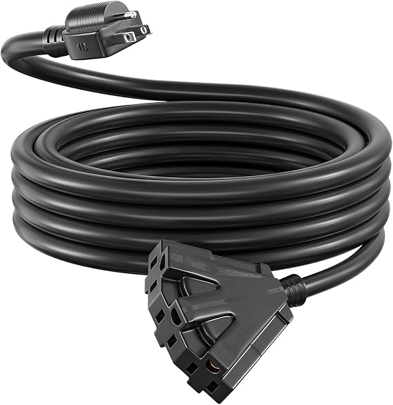 Guliu 10 FT 12/3 Outdoor Extension Cord with 3 Power Outlets, SJTW 12 AWG 15Amp 1875W, 12 Gauge Heavy Duty Black Extension Cable with 3 Prong Grounded Plug for Safety Indoor/Outdoor UL Listed