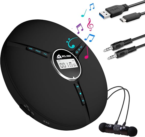 KLIM Discman Portable CD Player with Headphones, Built-in Battery - New Version - CD Players for Home, Car - Compatible w/SD Card, CD-R, CD-RW, MP3, WMA - 5 EQ Effects - Black