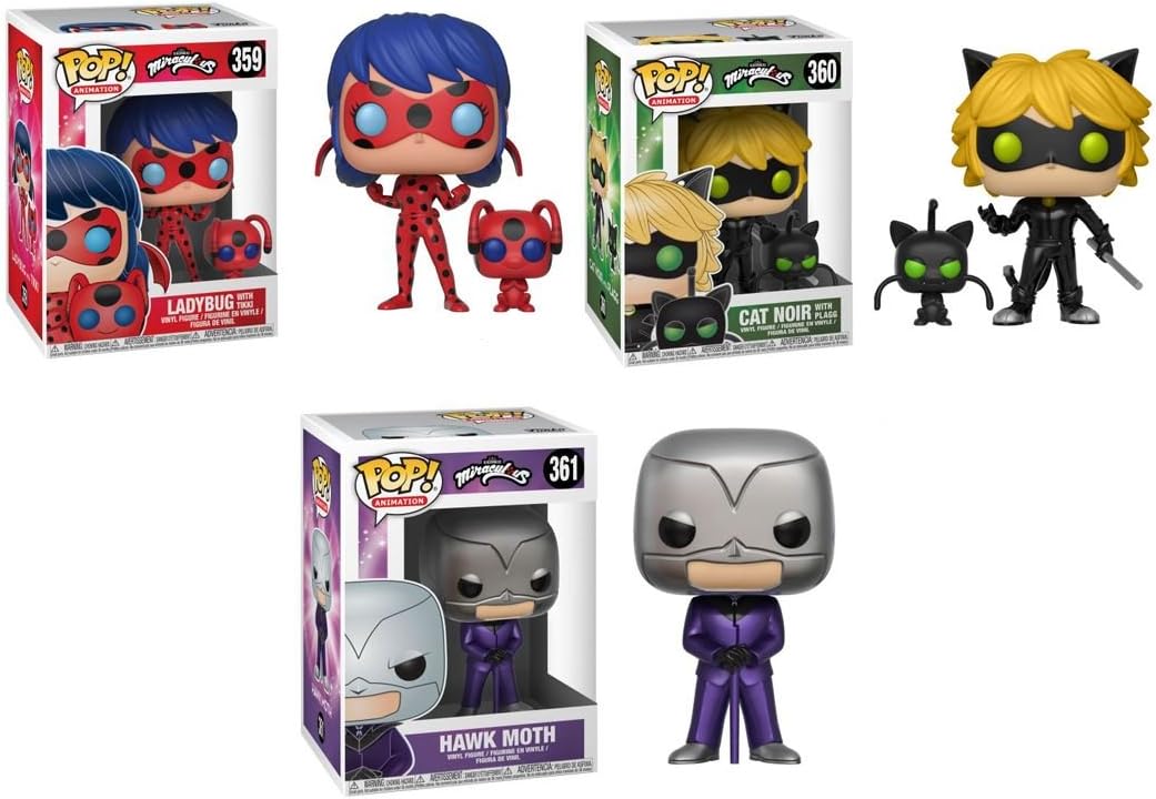 POP Miraculous: Tales of Ladybug &amp; Cat Noir Cat Noir with Plagg, Ladybug with Tikki and Hawk Moth Vinyl Figures Set