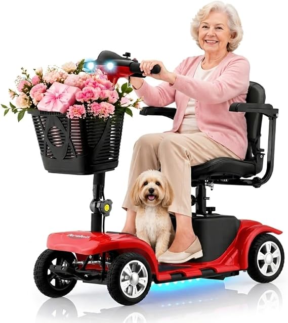 XERATH Mobility Scooters for Seniors Lightweight and Portable,Mobility Scooter with LED Headlights and Basket,lightest Foldable Mobility Scooter 4 Wheels Electric Powered Chargeable Device (Red)