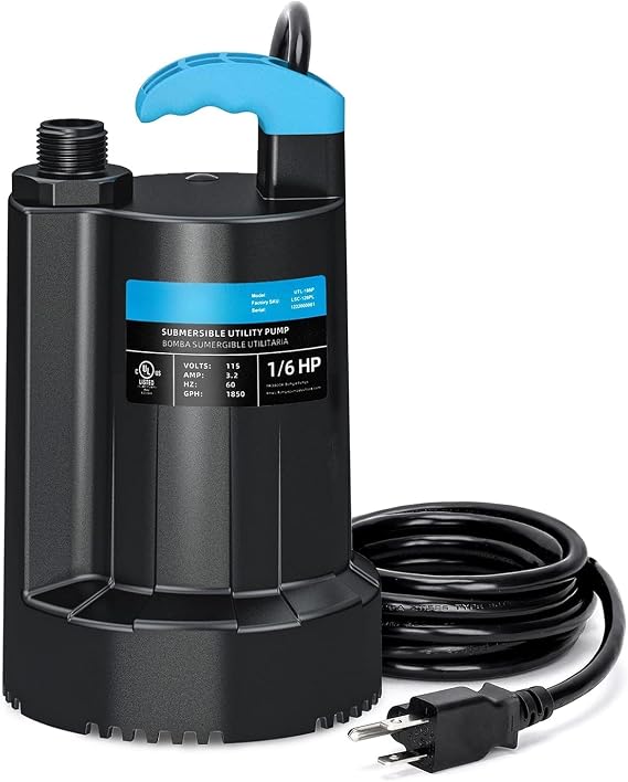 LEO 1/6 HP Submersible Water Pump, 1850GPH Sump Pump, 10ft Cord