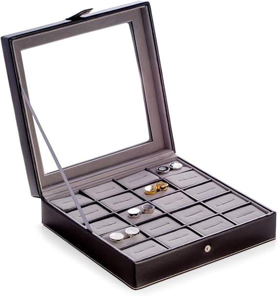 Bey-Berk 20-Slot Genuine Leather Cufflink Box with Glass Top (Black), Snap Closure and Velour Lining, Storage Case for Cufflinks and Dress Accessories