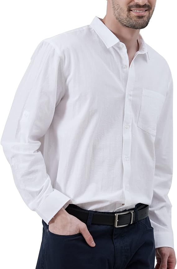Men's Button Down Long Sleeve Linen Shirts, White, Large