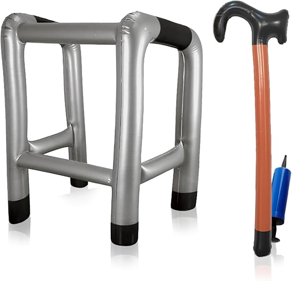 Inflatable Zimmer Frame Frame Walking Sticks + Inflatable Walking Stick | Inflatable Walking Cane Set, Hen Party & Old Age Costume, Blow up Walker Walking Aid Toy, Funny Novelty Present