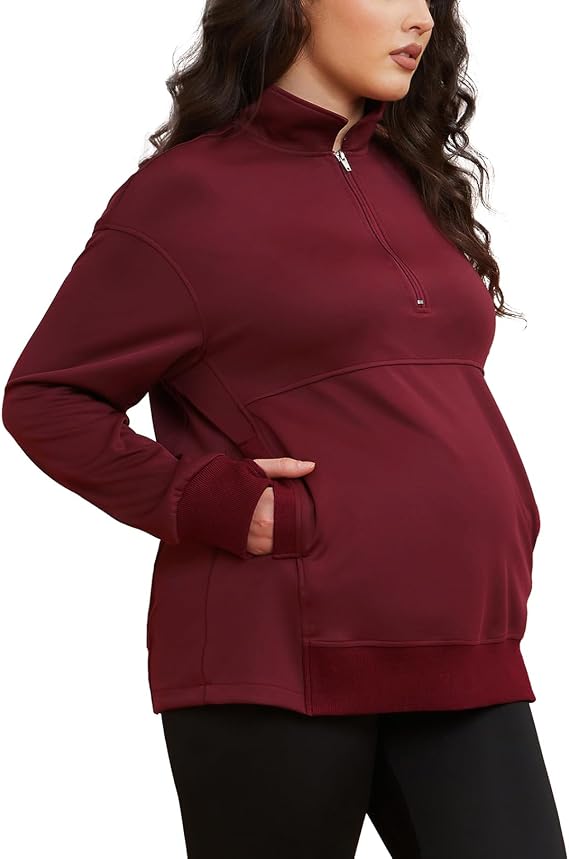 Bhome Maternity Sweatshirt Half Zip Active Maternity Shirt Long Sleeve with Thumbholes and Pockets Maternity Pullover