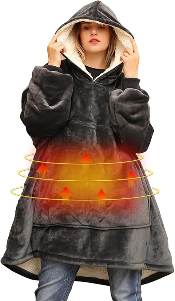 WOOLALA USB Heated Wearable Blanket, Oversized Lazy Hoodie with Large Heating Area on Back Cozy Sherpa Sweatshirt