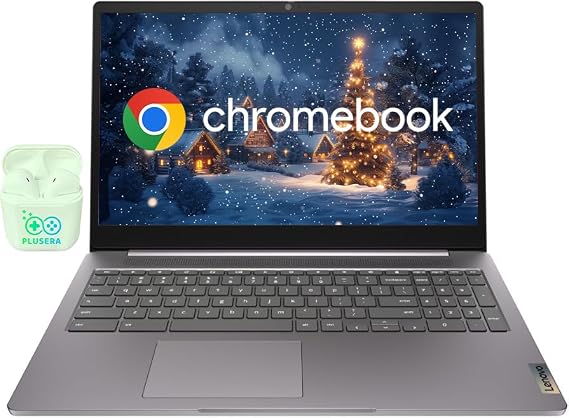 Lenovo 15.6" FHD IdeaPad Chromebook Laptop, 4GB RAM 320GB Storage (64GB eMMC+256GB SD Card), Dual-Core Intel Celeron, Chrome OS, Numeric Keypad, Camera Privacy Shutter, PLUSERA Earphones, Grey