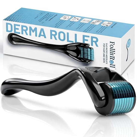 Derma Roller 540 Titanium Microneedles for Hair, Beard & Skin | Microneedling Roller for Face & Scalp | Includes Storage Case (Blue)