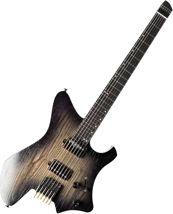 EART GW2-Pro Headless Electric Guitar fixed Bridge for Travel, Roasted Ash Solid-Body - Wenge Neck,Trans white/natural/Solid black(GD)