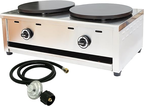 Commercial Double Pancake Maker Pancake Machine LP Gas Crepes Making Machine Double Head Pancake Maker 40cm Diameter Per Circular Plate Non-stick Pan Griddle Machine 2800PA With Gas Pipe