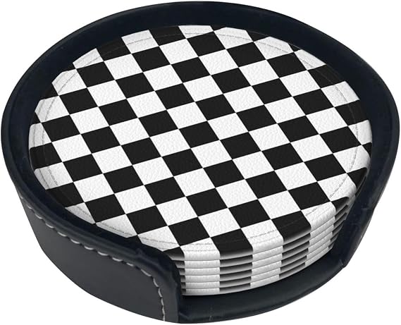 Black and White Checkered Coasters for Drinks Round Leather Coaster with Holder Set of 6 for Tabletop Protection Desk Accessories Office Home Room Decor