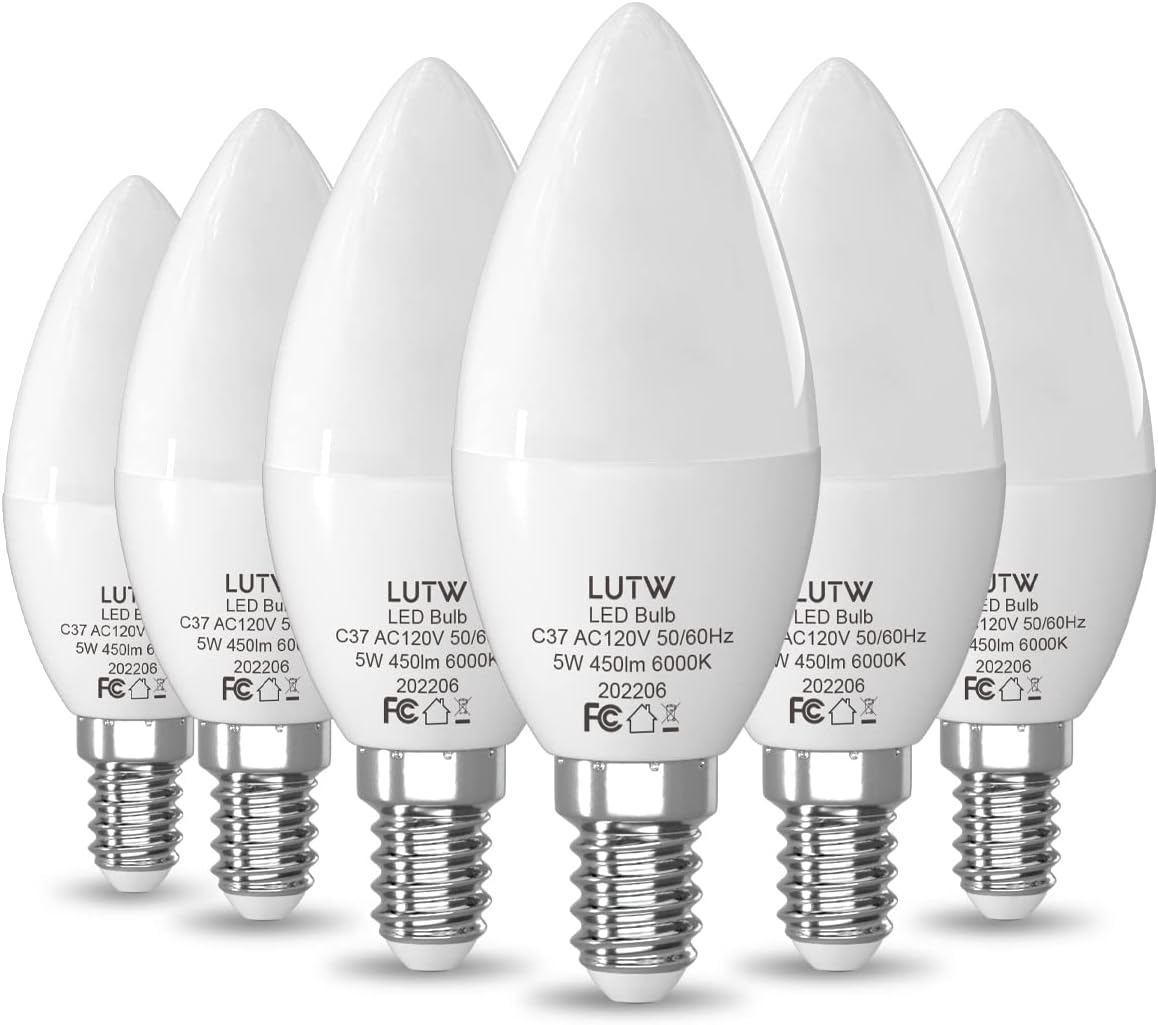 E12 Candelabra LED Light Bulbs 40 Watts Equivalent, 450 Lumen Type B LED Chandelier Light Bulbs, Cool White 6000K Non-Dimmable B11 Ceiling Fan Bulb, 6 Pack