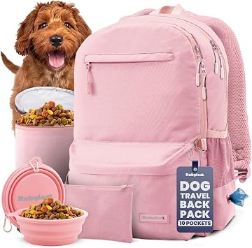 Dog Travel Bag for Supplies - Complete Dog Diaper Bag Backpack with 2 BPA-Free Travel Bowls, Treat Pouch, Food Container, Placemat & Laptop Sleeve for Traveling, Road Trips, Hiking: Dusty Pink