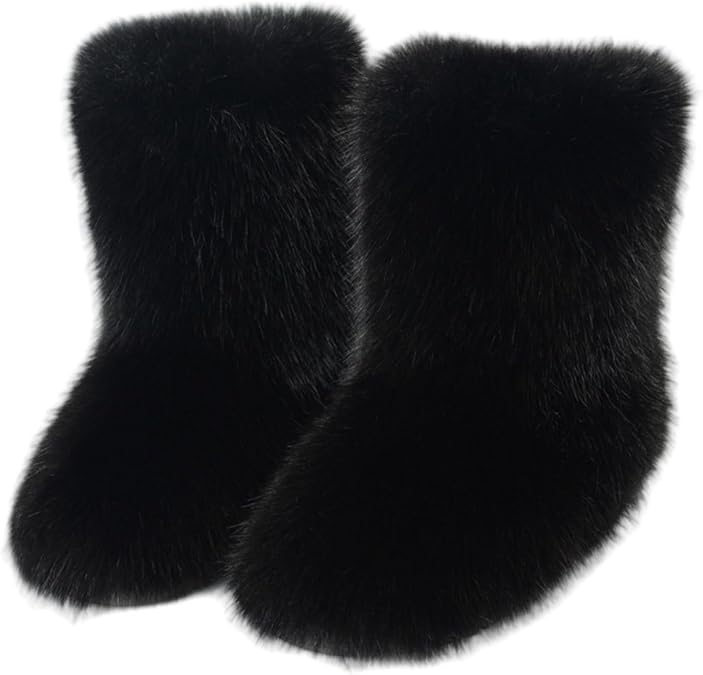 Fur Boots for Women Furry Snow Boots Warm Fluffy Fur Lined Booties Comfortable Mid Calf Flat Fashion Winter Shoes