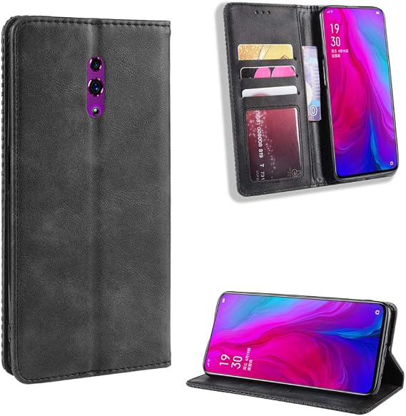 Jielangxin Keji Case for Oppo Reno, Leather Flip Case, Black with Card Slot and Note Clip