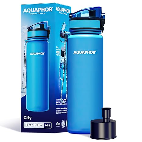 AQUAPHOR City Water Filter Bottle 17 oz | Reusable & Portable Filtered Water Bottle | BPA-Free | Perfect for Camping, Travel, Indoor & Outdoor Use | Blue