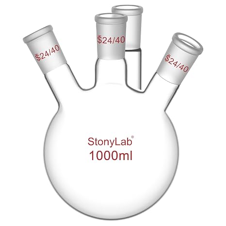 stonylab 4 Neck Round Bottom Flask RBF, Heavy Wall Borosilicate Glass Round Bottom Boiling Flask with 24/40 Standard Taper Outer Joint, 1000 ml