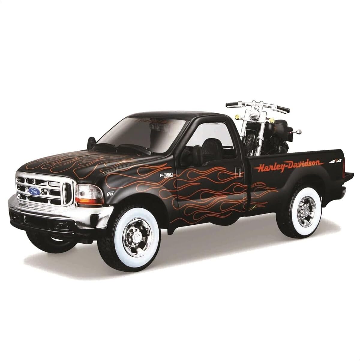 Ford F-350 Super Duty 1999 ile Uyumlu Harley-Davidson FXSTB Night Train 2002 Motosiklet, 1:24 Ölçek, Siyah, Metal Gövde, Açılabilen Kapılar