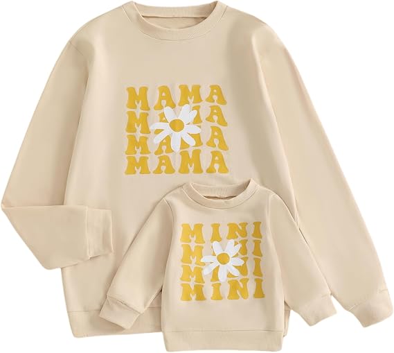 ZAXARRA Mommy and Me Matching Outfits Long Sleeve Crewneck Pullover Tops Mama Sweatshirt Mama and Mini Clothes