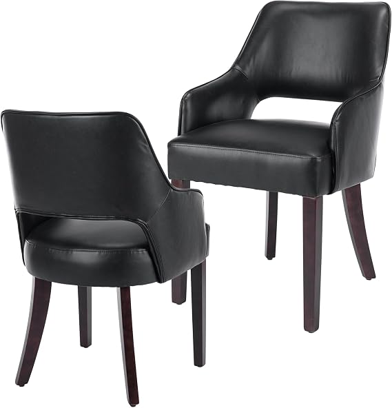 Kmax PU Leather Fabric Dining Chairs Set of 2 Upholstered Side Chairs Farmhouse Accent Chairs with Open Back Wood Legs for Dining Room Guest Room Restaurant, Black(Wider Seats)