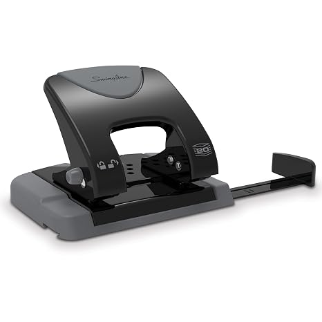 Swingline 2 Hole Punch, 20 Sheet Capacity Hole Puncher, Paper Punch, SmartTouch Low Effort Comfort Handle, Alignment Guide, Black & Gray (74135)